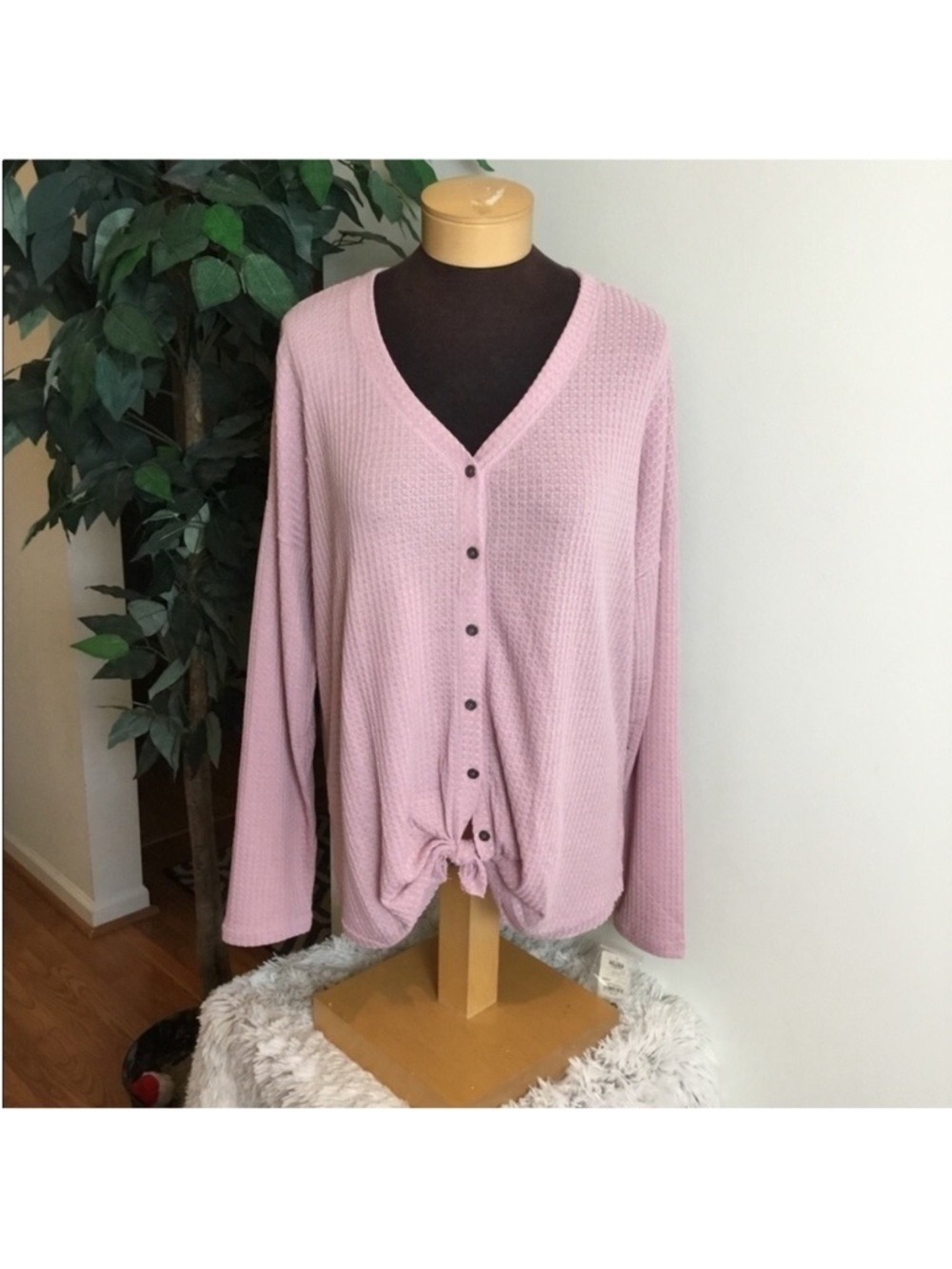 Mudd Waffle Knit Tie Front Top Size XL Mauve Pink Cozy Casual - Picture 2 of 15